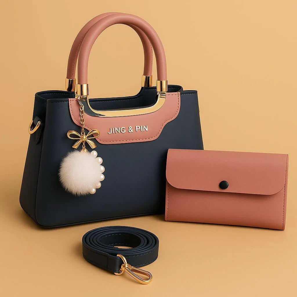JING & PIN Premium Women's Handbag Set (2-Piece) – Elegant Tote Bag with Wallet & Shoulder Strap | Black & Peach